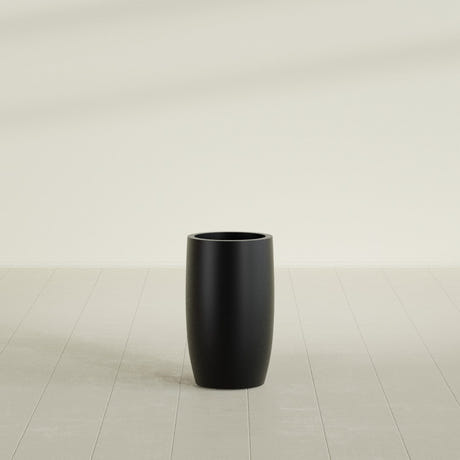 Lisbon tall round tapered fiberglass planter in Matte Black, 14 in diameter, 25 in high, shown empty