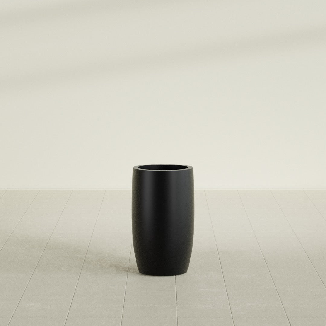 Lisbon tall round tapered fiberglass planter in Matte Black, 14 in diameter, 25 in high, shown empty