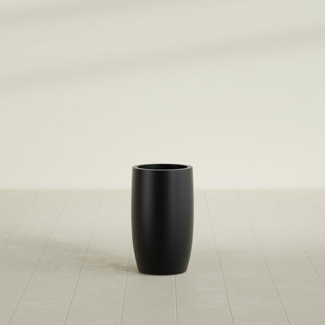 Lisbon tall round tapered fiberglass planter in Matte Black, 14 in diameter, 25 in high, shown empty