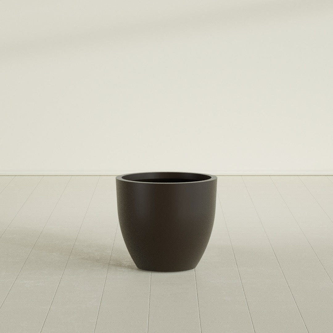Wannsee Round Planter in Matte Dark Brown, 27"D × 24"H, shown empty