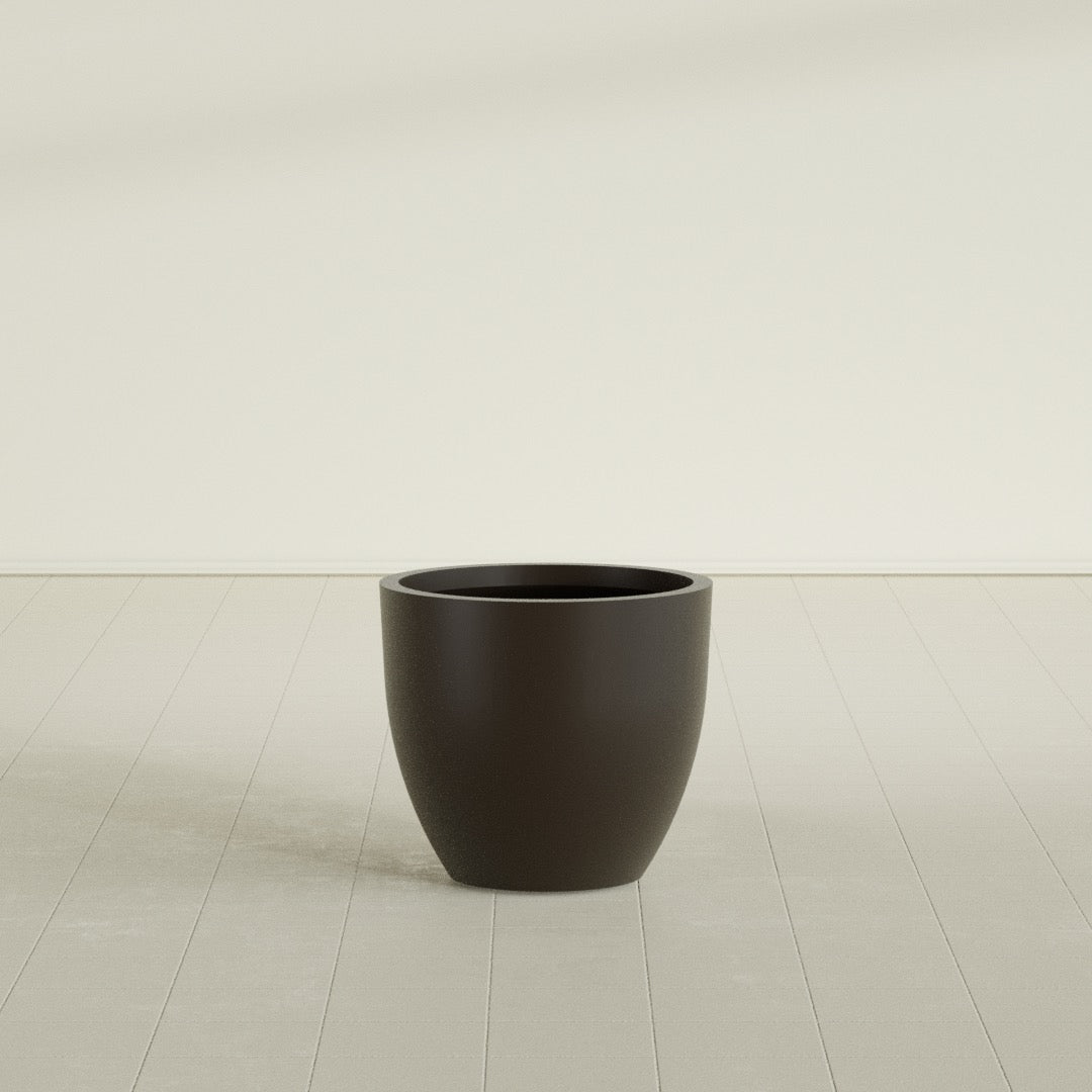 Wannsee Round Planter in Matte Dark Brown, 27"D × 24"H, shown empty