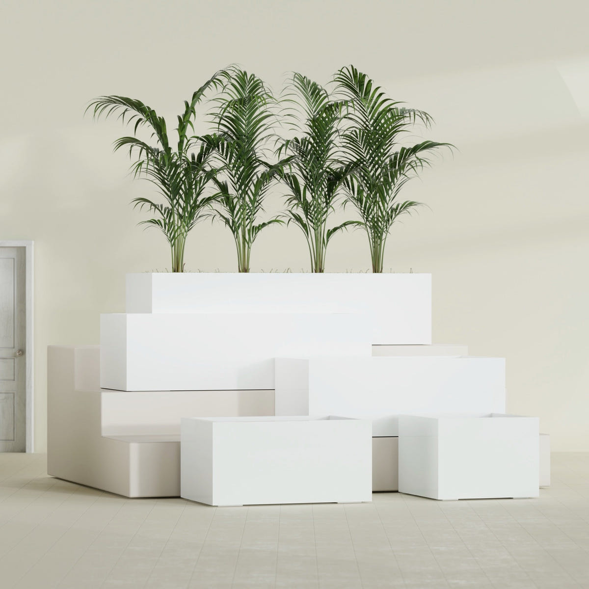 Torino Wide Rectangular fiberglass planter in Gloss Bright White, size range, in a sunlit interior