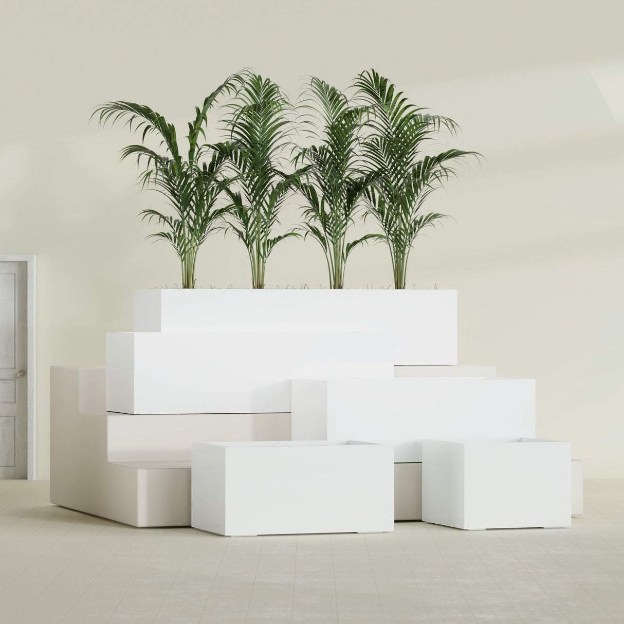 Torino Wide Rectangular fiberglass planter in Gloss Bright White, size range, in a sunlit interior