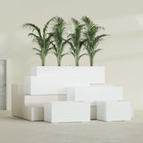 Torino Wide Rectangular fiberglass planter in Gloss Bright White, size range, in a sunlit interior