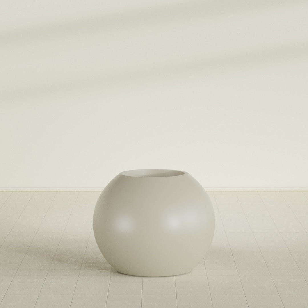 Globe Planter in Satin Beige, 30"D × 24"H, shown empty