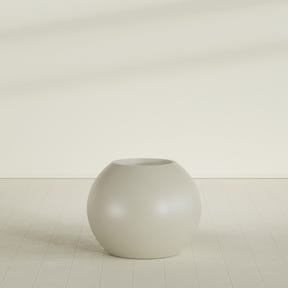 Globe Planter in Satin Beige, 30"D × 24"H, shown empty