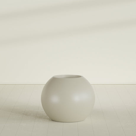 Globe Planter in Satin Beige, 30"D × 24"H, shown empty