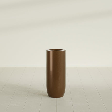 Saint Tropez Bullet Round Planter in Metallic Bronze, 16"D × 38"H, shown empty