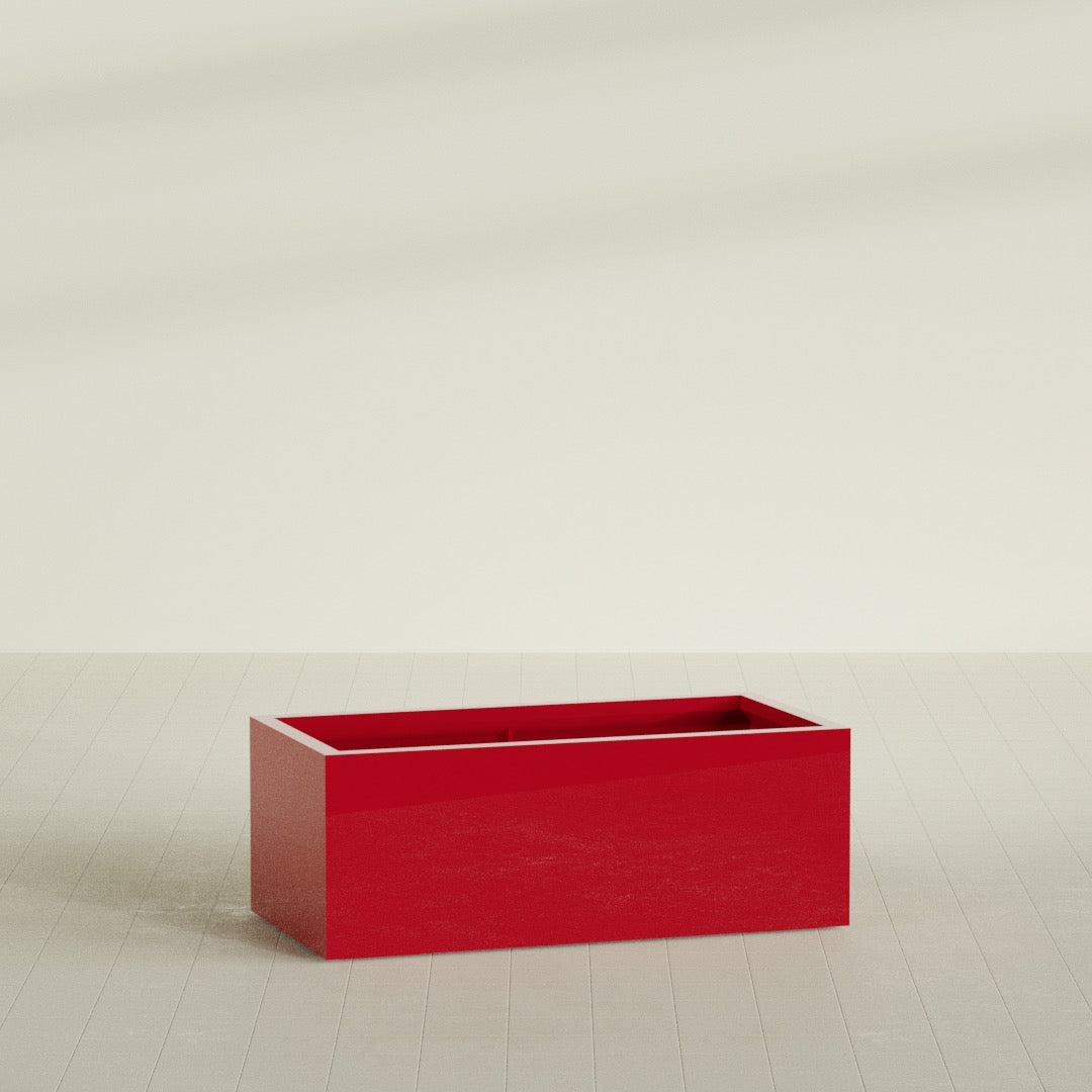 Torino Wide Rectangular Planter in Gloss Red, 48"L × 24"D × 18"H, shown empty