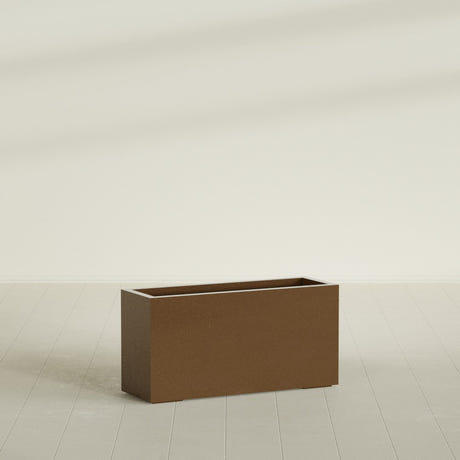 Miami Narrow Rectangular Planter in Metallic Bronze, 36"L × 12"D × 18"H, shown empty