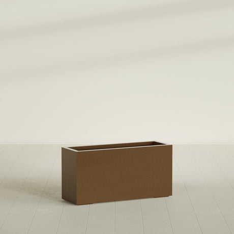 Miami Narrow Rectangular Planter in Metallic Bronze, 36"L × 12"D × 18"H, shown empty