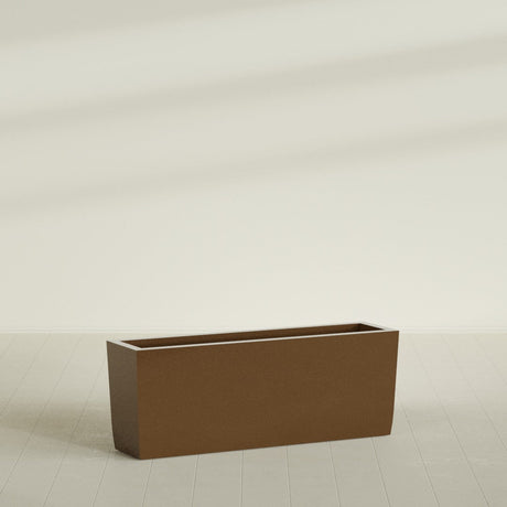 Panama Tapered Rectangular Planter in Metallic Bronze, 48"L × 12"D × 18"H, shown empty