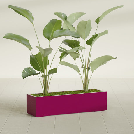 Cuba Corner fiberglass planter in Gloss Eggplant, shown planted, in a sunlit interior