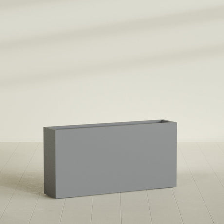 Milano Narrow Rectangular Planter in Matte Gunmetal, 48"L × 10"D × 24"H, shown empty