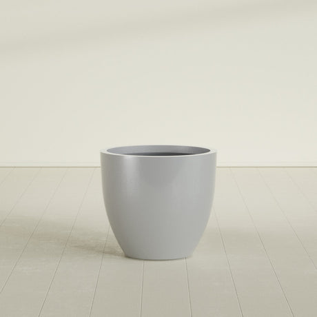 Wannsee Round Planter in Metallic Silver, 33"D × 29"H, shown empty