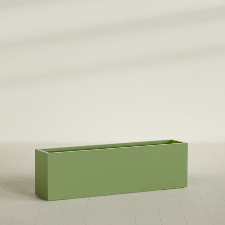 Miami Narrow Rectangular Planter in Satin Green, 60"L × 12"D × 18"H, shown empty