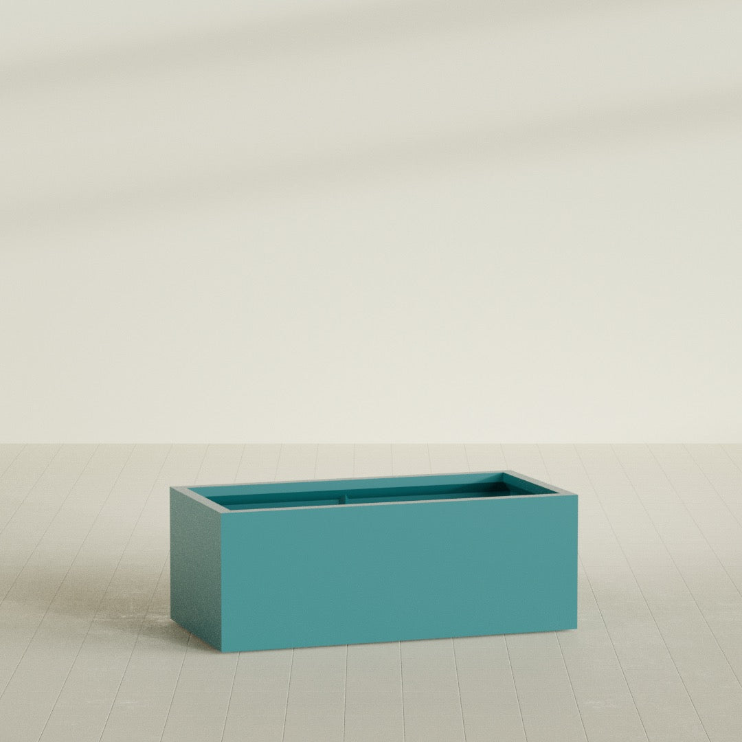 Torino Wide Rectangular Planter in Satin Seafoam Green, 48"L × 24"D × 18"H, shown empty