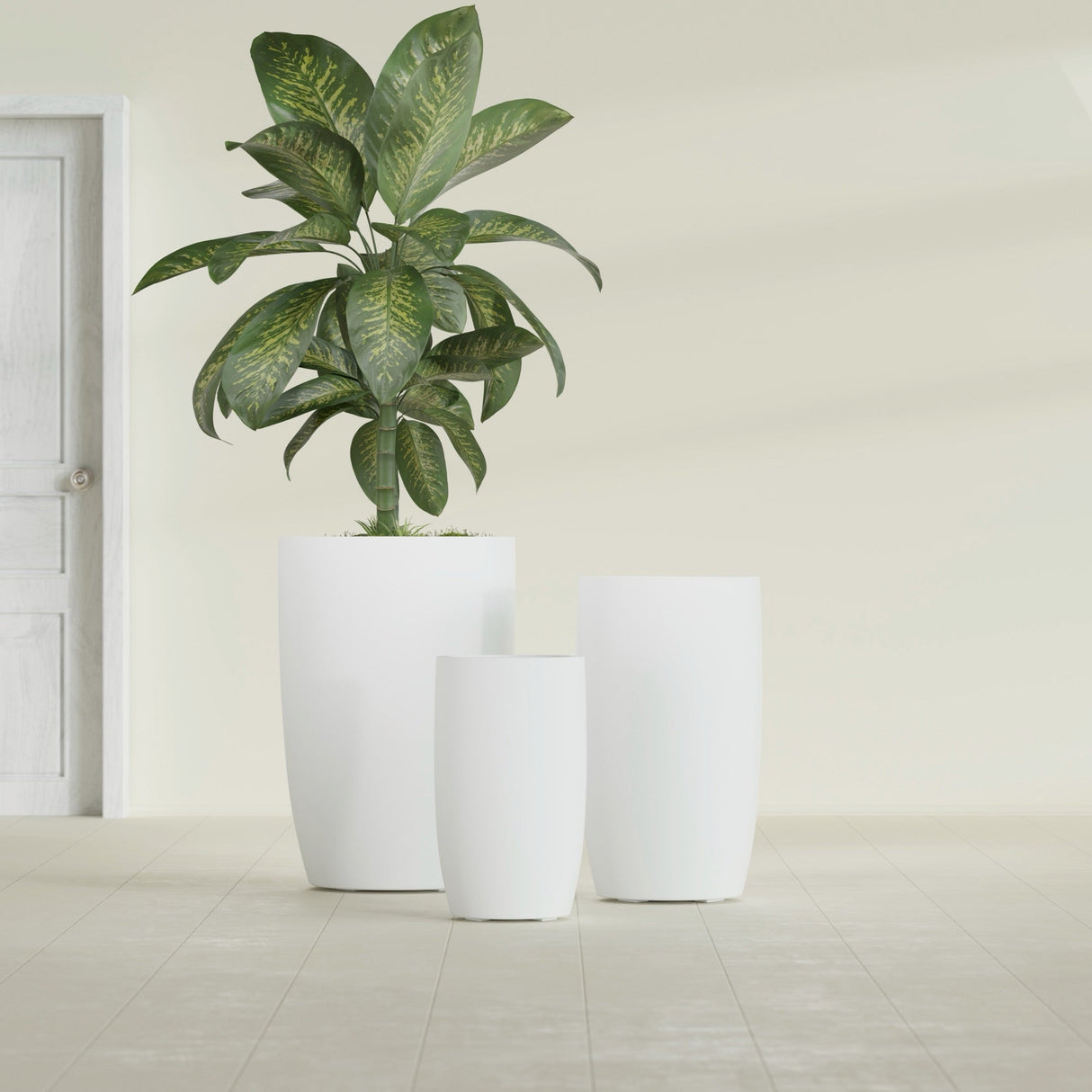 Lisbon Tall Round fiberglass planter in Matte Bright White, size range, in a sunlit interior