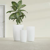 Lisbon Tall Round fiberglass planter in Matte Bright White, size range, in a sunlit interior