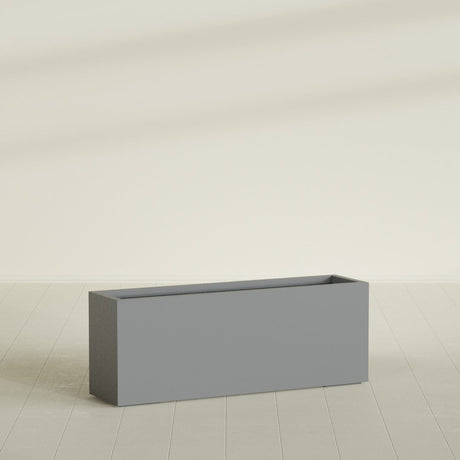 Miami Narrow Rectangular Planter in Matte Gunmetal, 48"L × 12"D × 18"H, shown empty