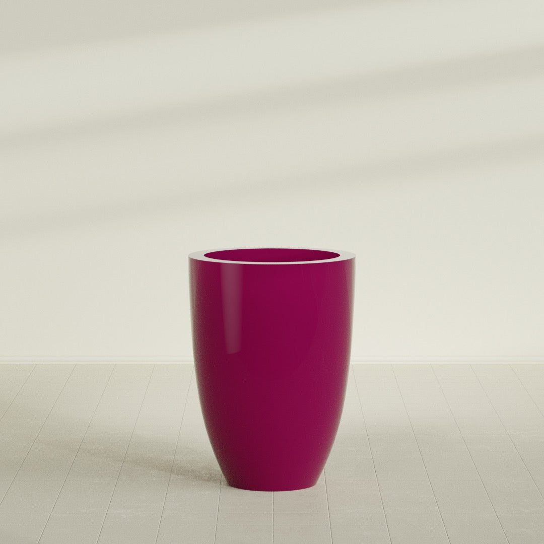 Brannan Tapered Round Planter in Gloss Eggplant, 30"D × 41"H, shown empty