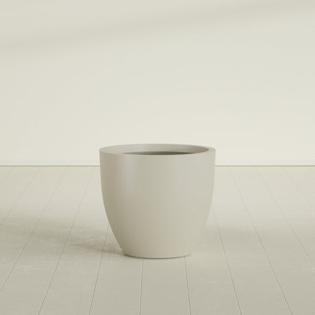 Wannsee Round Planter in Satin Beige, 33"D × 29"H, shown empty