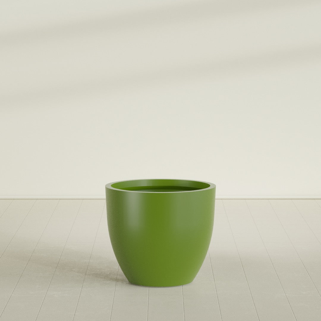 Wannsee Round Planter in Satin Green, 39"D × 34"H, shown empty