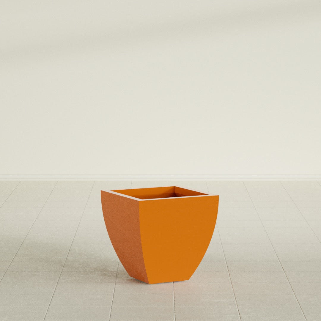 Lima Tapered Square Planter in Gloss Tangerine, 16", shown empty