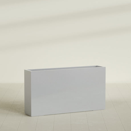 Delray Rectangular Planter in Metallic Silver, 60"L × 12"D × 32"H, shown empty