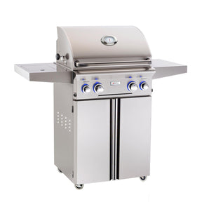 AOG L Series Portable Gas Grills stainless steel grill with four control knobs and side shelves on white background