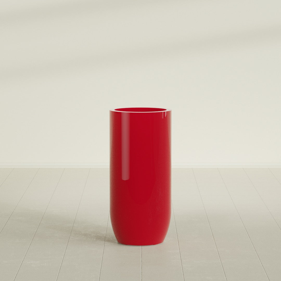 Saint Tropez Bullet Round Planter in Gloss Red, 20"D × 43"H, shown empty