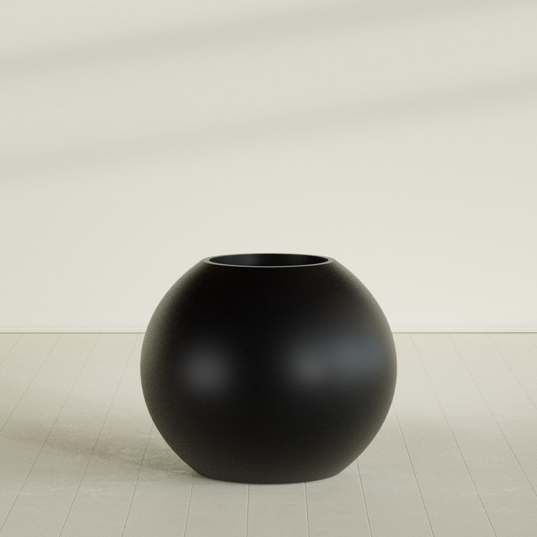 Globe Planter in Matte Black, 36"D × 30"H, shown empty