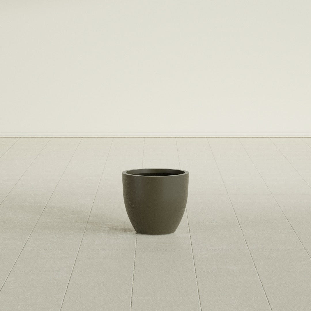 Wannsee Round Planter in Matte Bronze, 15"D × 13"H, shown empty