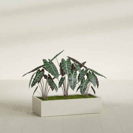 Antwerp Corner fiberglass planter in Satin Beige, shown planted, in a sunlit interior