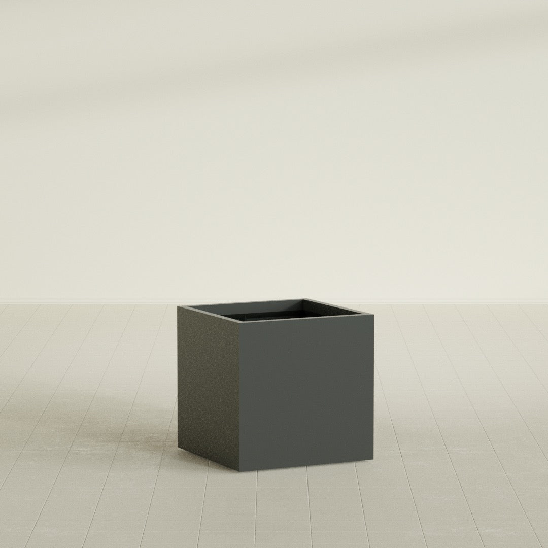 Montroy Cube Planter in Matte Charcoal, 28", shown empty