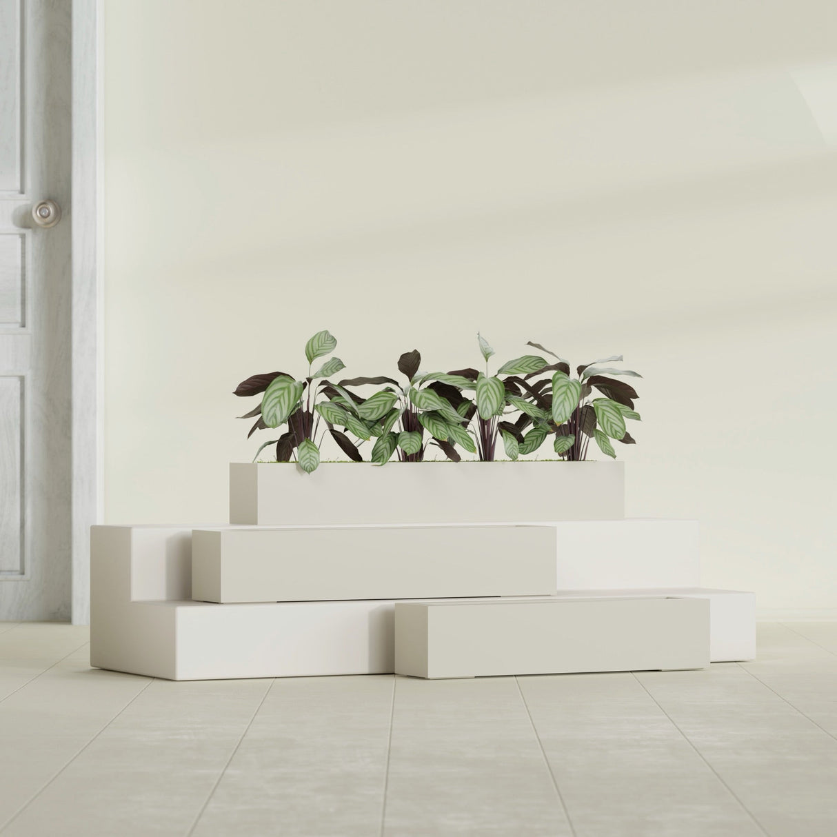 Salon Box fiberglass planter in Satin Beige, size range, in a sunlit interior
