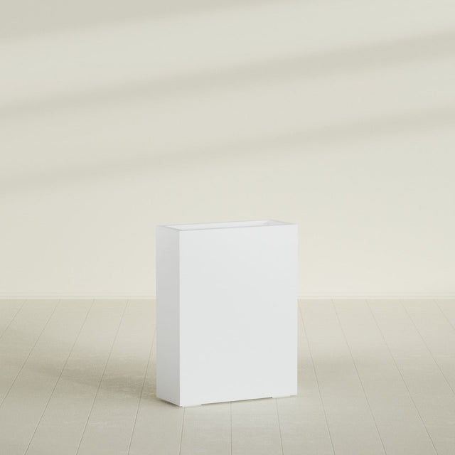 Amesbury Narrow Rectangular Planter in Gloss Bright White, 24"L × 10"D × 32"H, shown empty