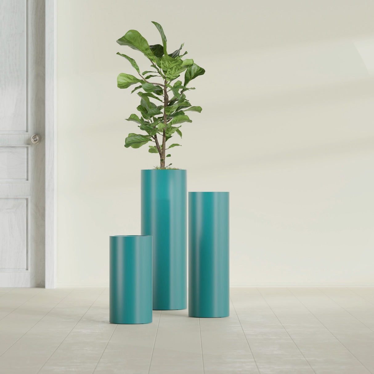 Corry Cylinder fiberglass planter in Satin Seafoam Green, size range, in a sunlit interior