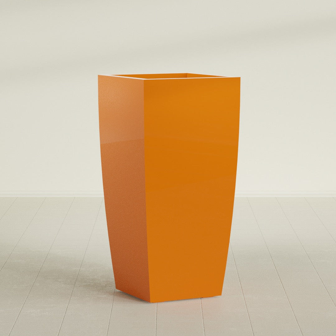 Toulan Tapered Square Planter in Gloss Tangerine, 23"W × 48"H, shown empty