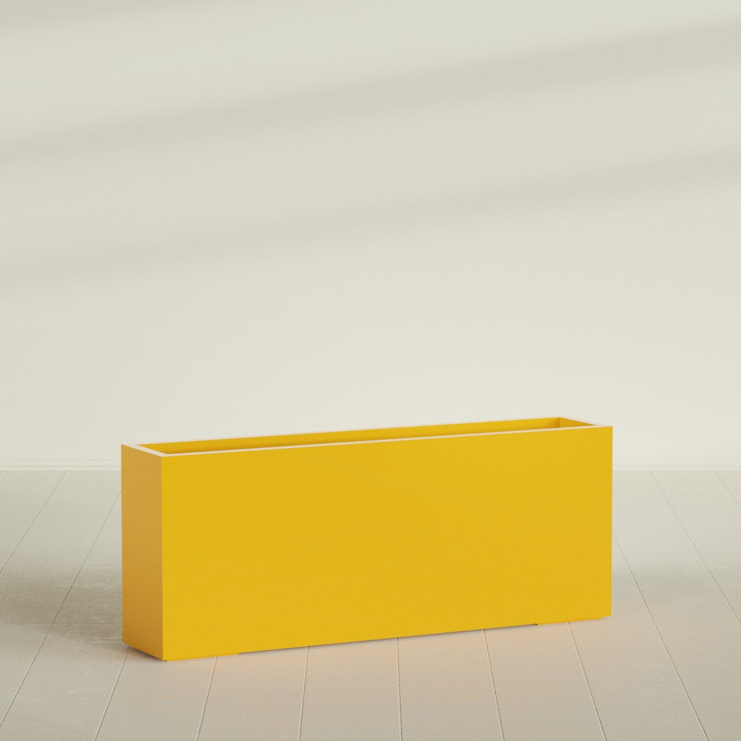 Hollywood Narrow Rectangular Planter in Gloss Saffron, 60"L × 12"D × 24"H, shown empty