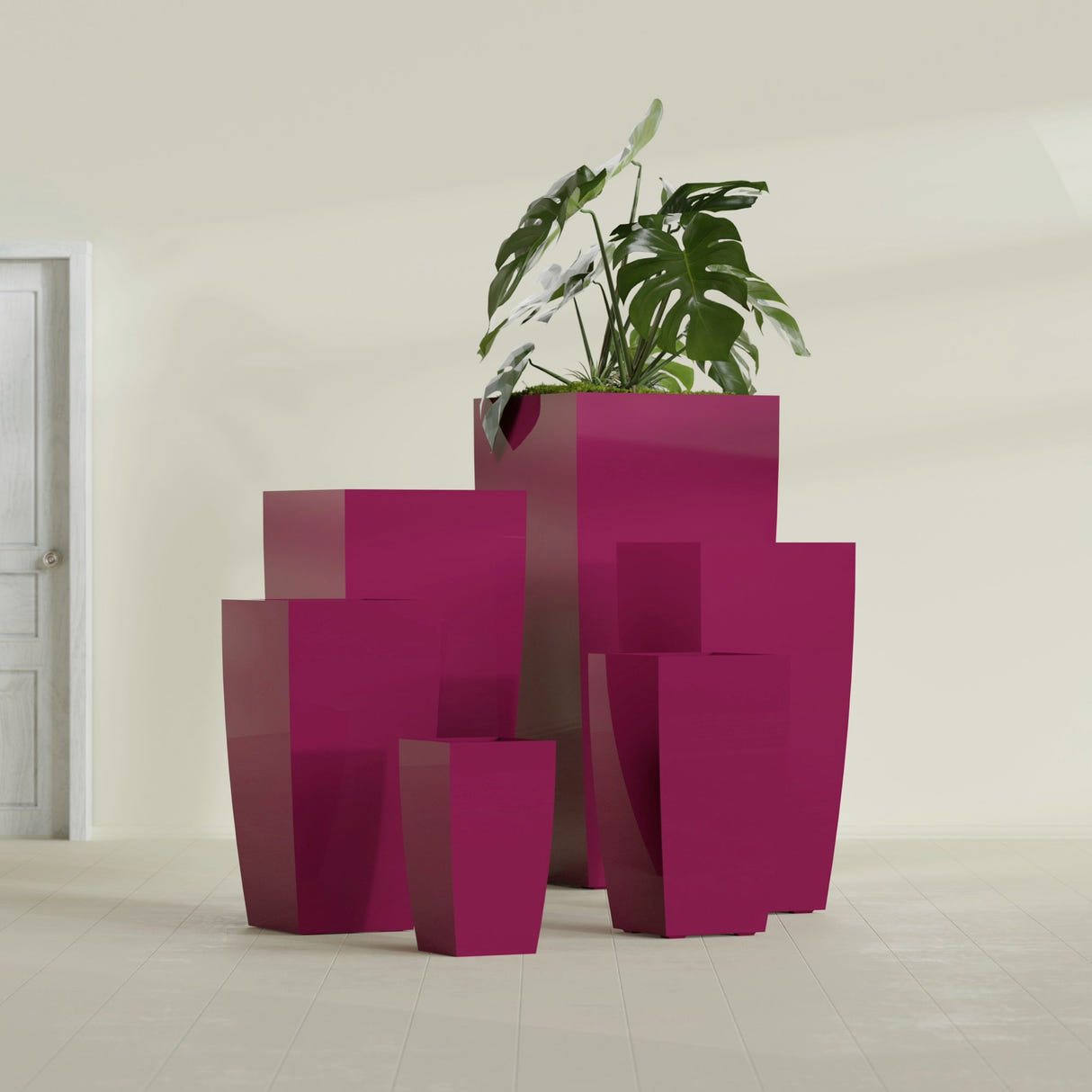 Toulan Tapered Square fiberglass planter in Gloss Eggplant, size range, in a sunlit interior