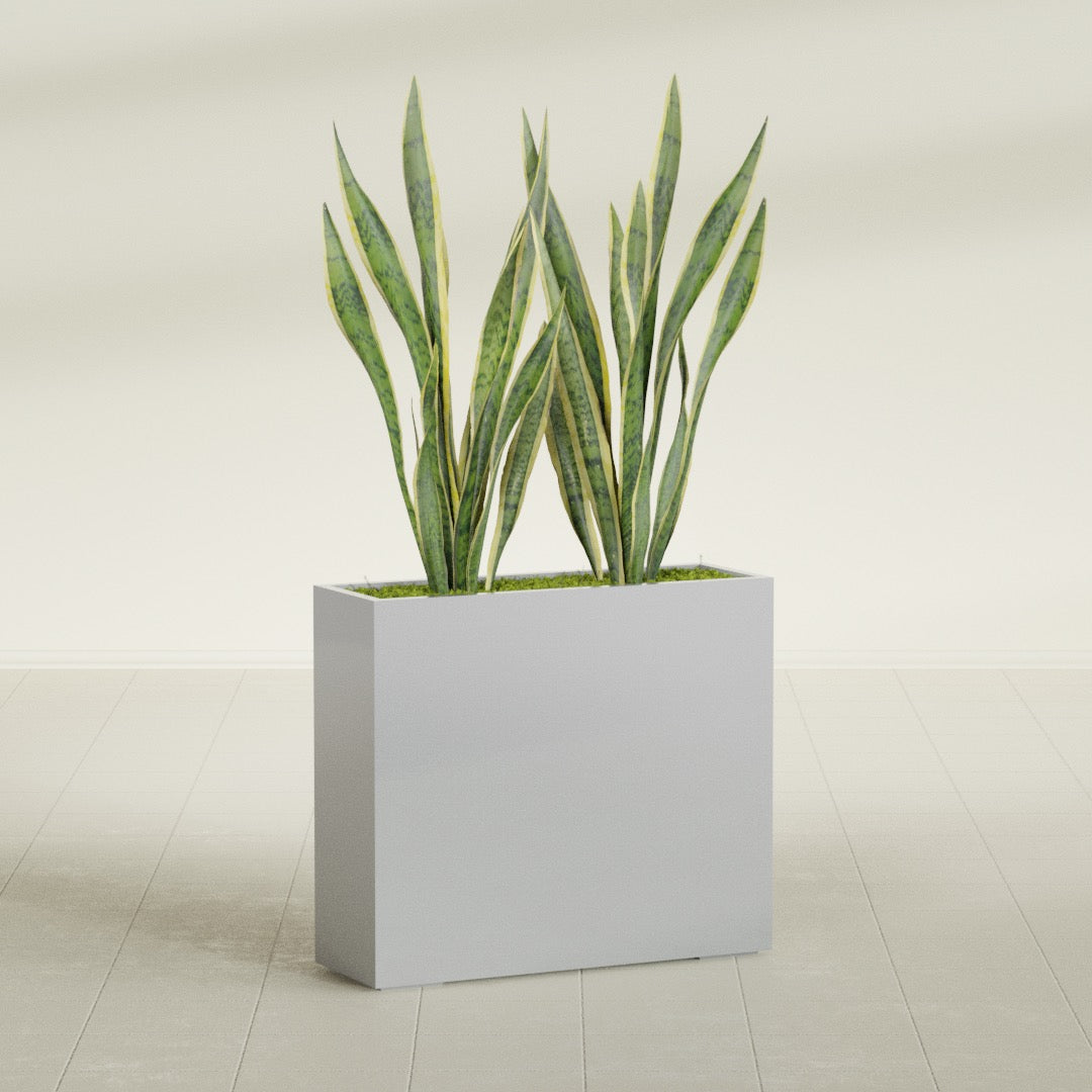 Perth Corner fiberglass planter in Metallic Silver, shown planted, in a sunlit interior