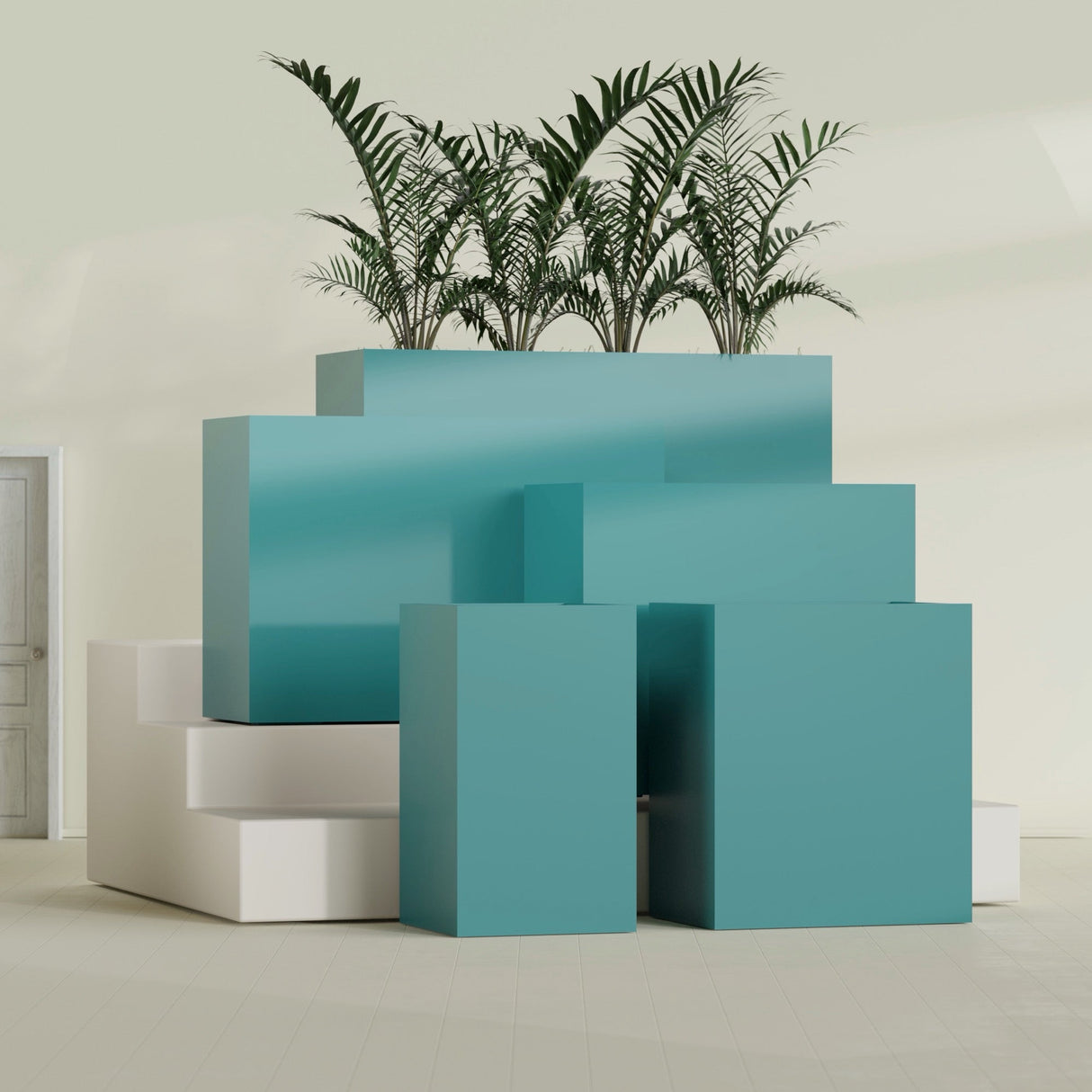 Darwin Rectangular fiberglass planter in Satin Seafoam Green, size range, in a sunlit interior
