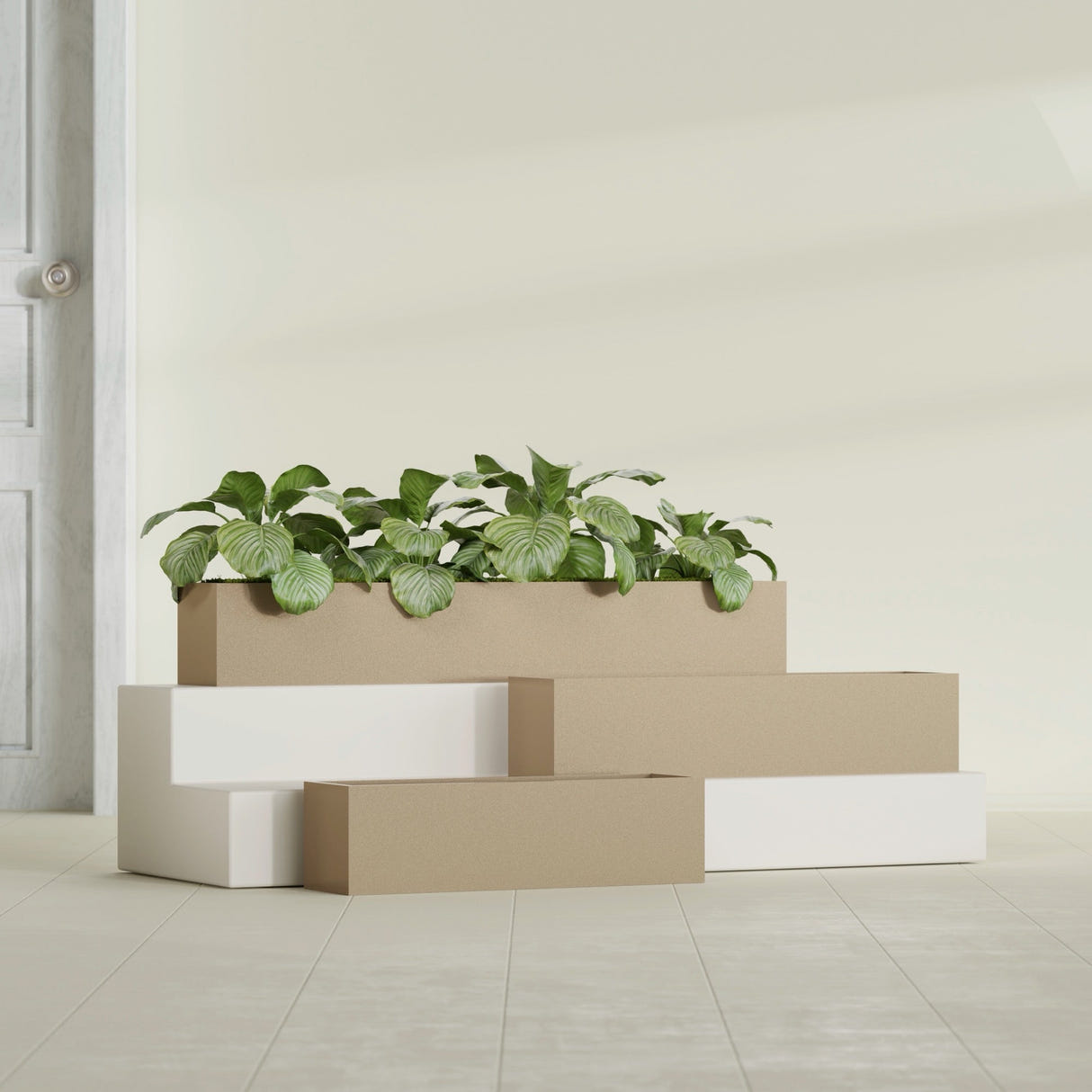 Monaco Rectangle fiberglass planter in Gloss Metallic Gold, shown planted, in a sunlit interior