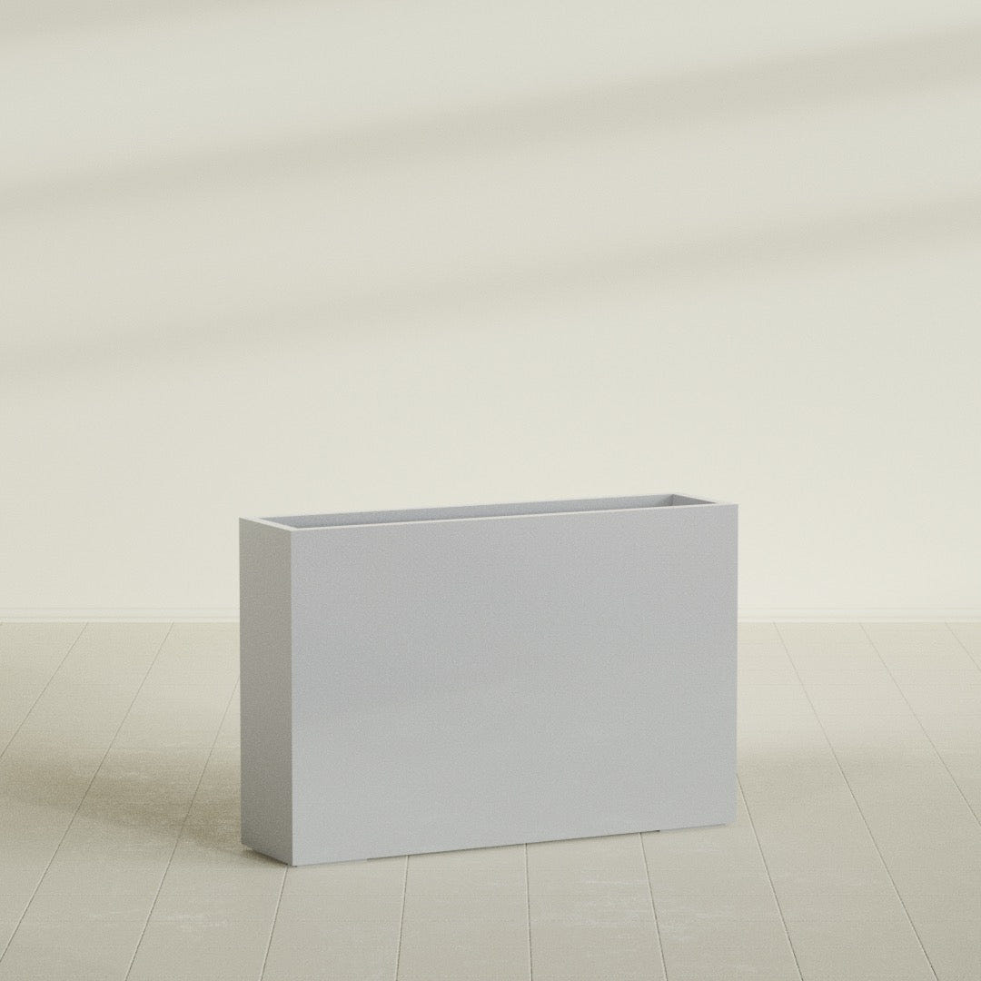 Delray Rectangular Planter in Metallic Silver, 48"L × 12"D × 32"H, shown empty