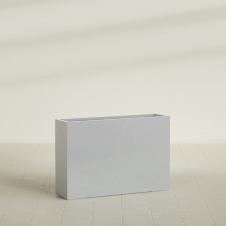 Delray Rectangular Planter in Metallic Silver, 48"L × 12"D × 32"H, shown empty