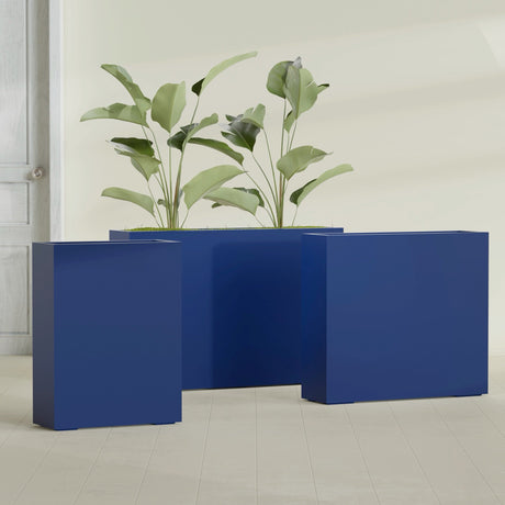 Amesbury Narrow Rectangular fiberglass planter in Matte Cobalt Blue, size range, in a sunlit interior
