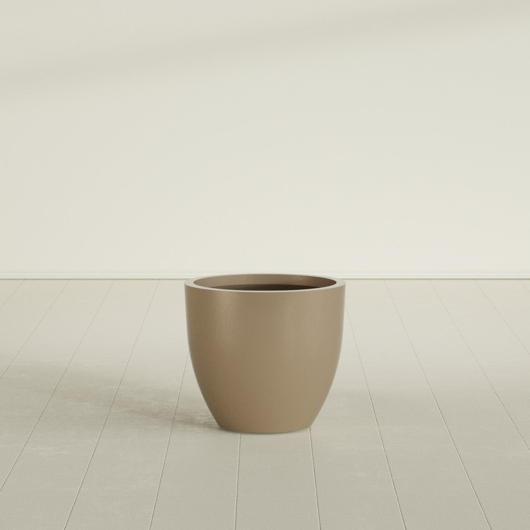 Wannsee Round Planter in Gloss Metallic Gold, 27"D × 24"H, shown empty