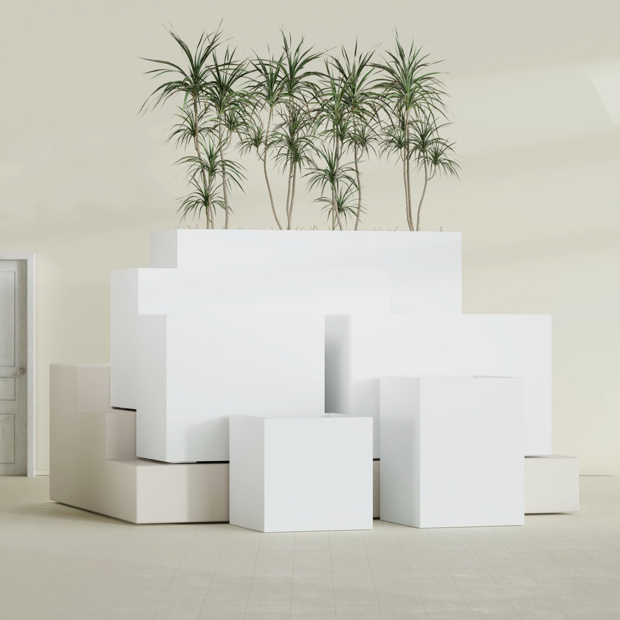 Brisbane Rectangular fiberglass planter in Matte Bright White, size range, in a sunlit interior