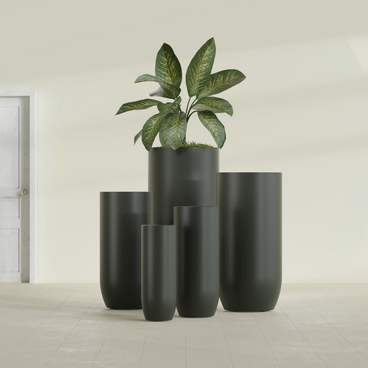 Saint Tropez Bullet Round Planter in Matte Charcoal, 28"D × 60"H, shown empty